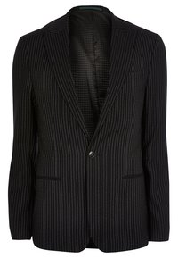 Svart rutigt blazer med en enda knappstängning, kammade lapels, två framfickor och en slät insida.