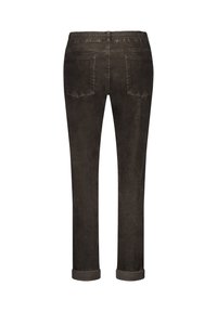 Mørkebrune corduroy bukser med lige pasform, elastisk talje, to baglommer og opfoldede manchetter ved kanten.