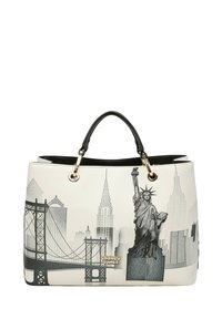 Borsa a mano bianca con stampa grafica dello skyline di New York City, inclusa la Statua della Libertà, con manici neri e dettagli in oro.