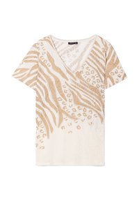 Beige Kurzarm-V-Ausschnitt-T-Shirt mit Tierdruckmustern von Zebra und Leopard. Leichter Stoff mit weicher Textur.