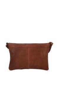 Braune Leder-Clutch mit glatter Textur, einfache rechteckige Form, sichtbare Nahtdetails und abnehmbarer Tragegurt.