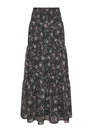 Gonna maxi nera con motivo floreale, dotata di vita arricciata, design a strati, con motivi paisley rosa pallido e bianchi e un tessuto leggero e testurizzato.
