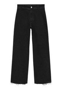 Jean noir taille haute à jambes larges avec fermeture à boutons et ourlets effilochés sur fond blanc.