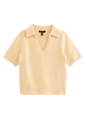 Trui met korte mouwen en V-hals in een zachte, lichtgele stof. Heeft een kraagontwerp met geribde zoom en een gladde textuur.