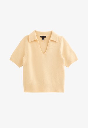 Maglione a maniche corte con scollo a V in tessuto morbido di colore giallo chiaro. Presenta un design con colletto, orlo a coste e una trama liscia.