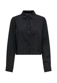 Chemise noire à manches longues, crop, avec de petits motifs de nœuds roses et un devant boutonné avec un col pointu.