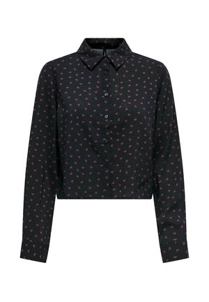 Chemise noire à manches longues, crop, avec de petits motifs de nœuds roses et un devant boutonné avec un col pointu.