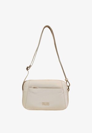 Beige rektangulær crossbody-taske med justerbar rem, lynlåslomme foran og gyldigt "T CLASSE" logo på forsiden.