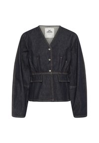 Chaqueta vaquera en azul oscuro con escote en V, mangas largas y botones plateados. Presenta bolsillos delanteros y detalles de costuras en contraste.