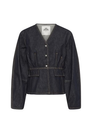 Tumši zila džinsa jaka ar V veida kakla izgriezumu, garām piedurknēm un sudraba pogām. Ir priekšējās kabatas un kontrastējošas šūšanas detaļas.