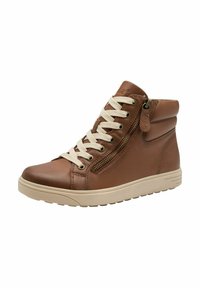 Brown leather high-top sneaker with cream laces, side zipper detail, and textured upper. Rubber sole for traction and comfort.