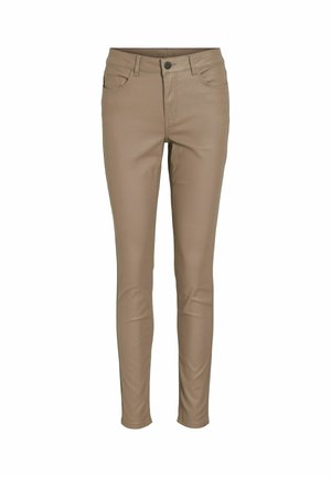 Bruine faux leren skinny jeans met een gladde textuur, voorzien van een knoopsluiting aan de voorkant, twee zakken en riemlussen.