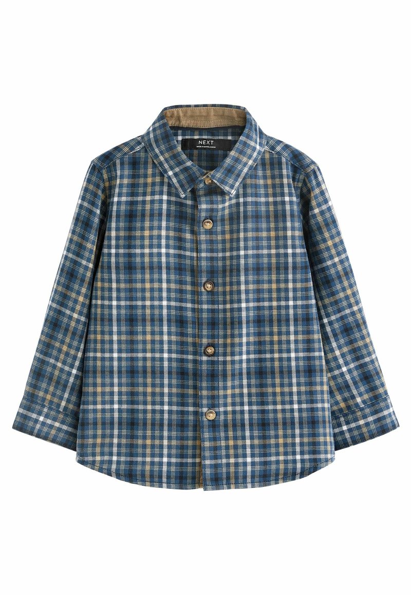 Chemise à manches longues à carreaux bleu, beige et blanc avec col, boutons sur le devant et ourlet arrondi.