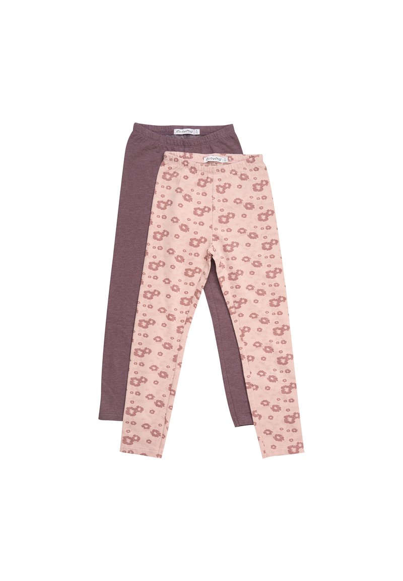 To par med tights: en ensfarget mørk lilla og en rosa med blomstermønster. Begge har elastiske midjebånd og slankt design.