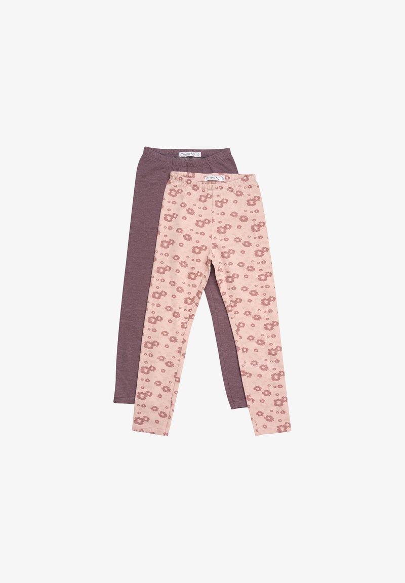 Zwei Paar Leggings: eine einfarbig dunkelpurpur und die andere rosa mit einem Blumenmuster. Beide haben elastische Taillenbündchen und enganliegende Designs.
