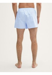 Boxers rayés bleu clair avec une taille élastique, fabriqués en tissu doux, offrant une coupe décontractée et sans marque visible.