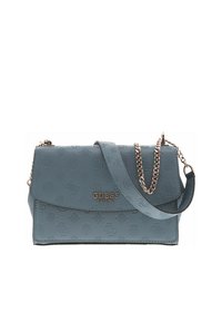 Sac bandoulière en simili cuir bleu avec motif embossé, quincaillerie dorée et chaîne en bandoulière. Comprend une fermeture à rabat et un logo de marque.