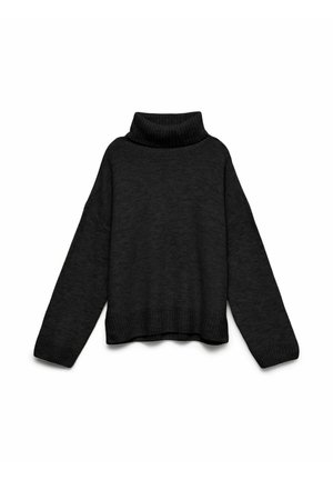 Black turtleneck sweater made from a soft, textured fabric. Features long sleeves and a ribbed hem and collar.