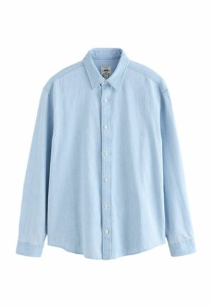 Világoskék farmer anyagú, hosszú ujjú ing, gallérral és fehér gombokkal, közepes méret, fehér háttér előtt bemutatva.