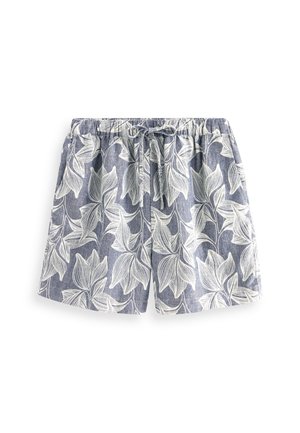 Blå shorts med hvidt bladmønster, elastisk taljebånd og snøre foran, vist på hvid baggrund.