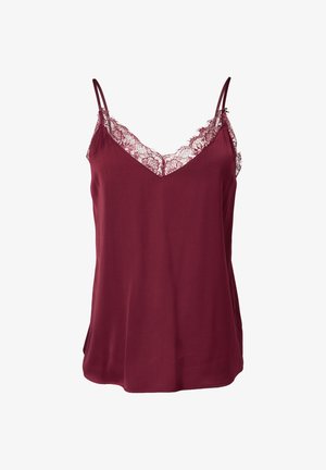 Bordeauxfarbene Spaghettiträgertop mit zarter Spitzenkante entlang des V-Ausschnitts und einer glatten, satinähnlichen Textur.