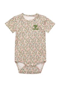 Kurzer Baby-Body in Creme mit einem floralem Muster in Rosa und Grün. Verfügt über Druckknopfverschlüsse am Boden und einen runden Halsausschnitt.