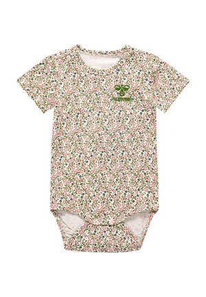 Kortærmet baby bodystocking i cremede farver med et blomsterdesign i pink og grøn. Har trykknapper i bunden og en rund halsudskæring.