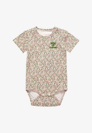 Kortærmet baby bodystocking i cremede farver med et blomsterdesign i pink og grøn. Har trykknapper i bunden og en rund halsudskæring.