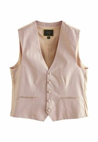 Gilet rose clair avec un motif texturé, encolure en V, cinq boutons et deux poches avant. Tissu lisse avec une coupe ajustée.