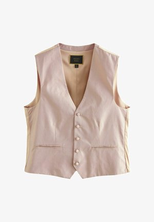 Gaišs rozā veste ar teksturētu rakstu, V veida kakla izgriezumu, pieciem pogām un divām priekšējām kabatām. Gluda auduma ar pielāgotu piegriezumu.