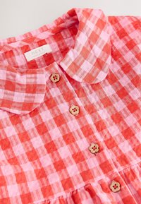 Robe à carreaux rouges et roses avec col, ornée de boutons en forme de fleurs en bois et d'un ourlet à volants. Fabriquée en tissu léger.