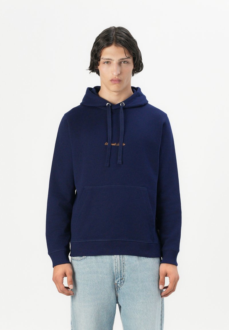 Navy blue hooded sweatshirt made of cotton, featuring a front pocket and drawstrings, with small text logo in gold above the pocket.