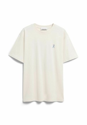 Off-white kurzärmeliges Baumwoll-T-Shirt mit kleinem blauem Buchstaben "A" und rundem Motiv auf der linken Brust, Rundhalsausschnitt.