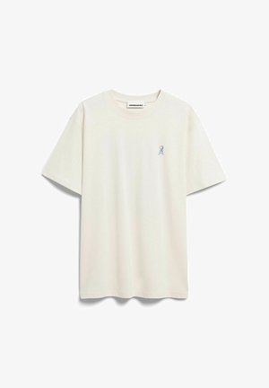 Off-white kurzärmeliges Baumwoll-T-Shirt mit kleinem blauem Buchstaben "A" und rundem Motiv auf der linken Brust, Rundhalsausschnitt.