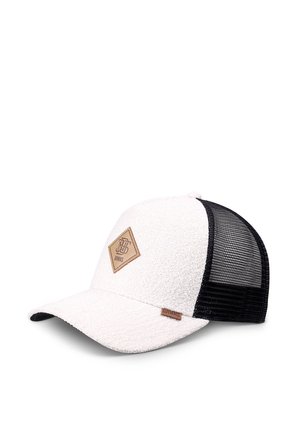 White textured front cap with black mesh back, tan leather patch logo on front, and small leather tag on the side.