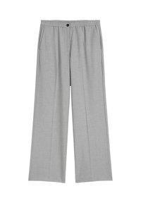 Pantaloni grigi a gamba larga con una texture liscia, vita elastica, tasche anteriori e chiusura con un unico bottone. Design sartoriale per il comfort.