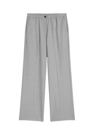 Pantalons larges gris avec une texture lisse, taille élastique, poches avant et fermeture à un bouton. Design ajusté pour le confort.