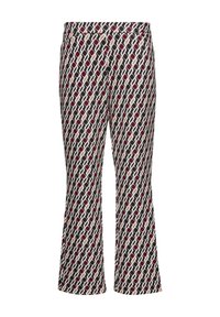 Pantalons évasés à motifs dans des nuances de rouge foncé, crème et marine. Dotés d'un design géométrique avec une texture de tissu lisse et une taille.