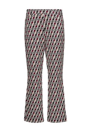 Pantalons évasés à motifs dans des nuances de rouge foncé, crème et marine. Dotés d'un design géométrique avec une texture de tissu lisse et une taille.