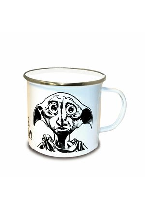 Emaillebecher mit weißem Körper, silbernem Rand und schwarzer Illustration eines humanoiden Charakters mit großen Augen und Ohren, der einen Mantel trägt.