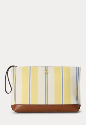Τσαντάκι καρπού με κάθετες ρίγες σε κίτρινο, μπλε και άσπρο, καφέ δερμάτινη βάση και μικρό χρυσό λογότυπο "RL" στο μπροστινό μέρος.