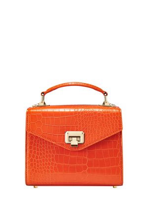 Orange crocodile-embossed handbag with a structured shape, featuring a top handle, gold hardware, and a flap closure.
