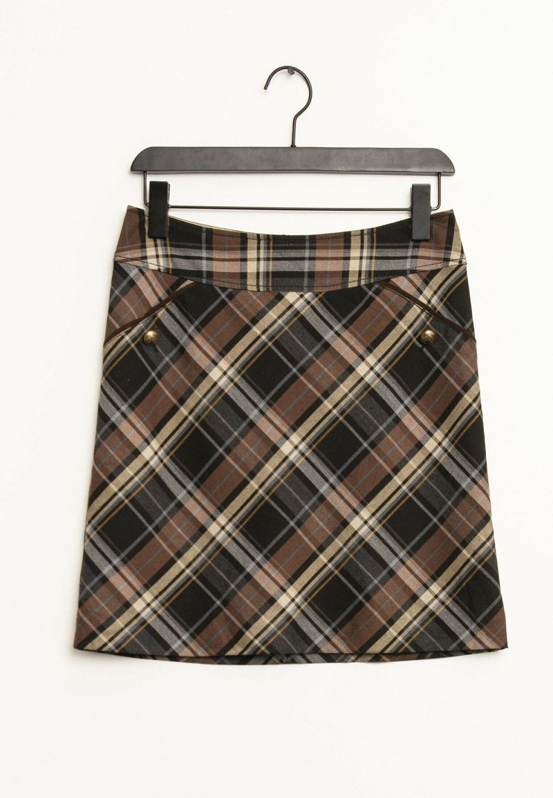 Falda de cuadros con patrones en marrón, negro y beige, con corte recto, cinturilla y dos botones en tono dorado en un lado.