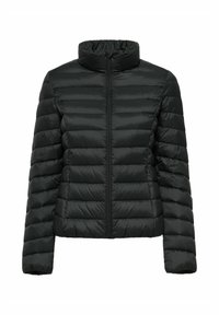 Czarna kurtka puchowa z poziomym pikowaniem, wysokim kołnierzem i zapięciem na zamek błyskawiczny z przodu. Wykonana z gładkiego, lekkiego materiału.