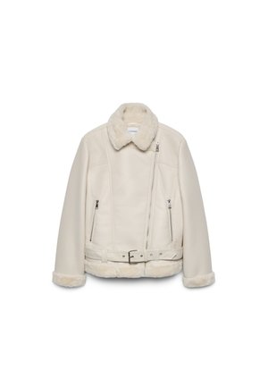 Giacca in shearling beige chiaro con collo in pelliccia, zip frontale asimmetrica, due tasche con zip e vita con cintura.