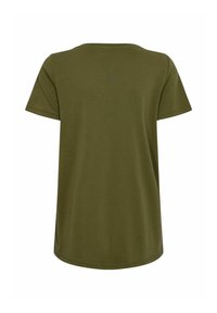 Olivenfarvet T-shirt med korte ærmer, rund halsudskæring og lige snit. Blødt stof med en glat overflade. Enkel, uden synlige mønstre eller accenter.