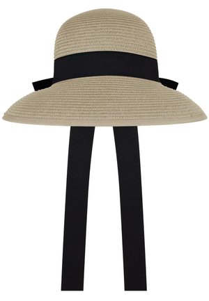 Wide-brimmed straw hat in beige with a textured surface. Features a black fabric band and ties. Suitable for sun protection.