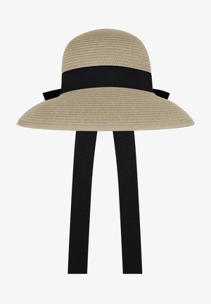 Beige Strohhut mit breiter Krempe und strukturiertem Oberflächenmaterial. Verfügt über ein schwarzes Stoffband und Bindebänder. Geeignet zum Sonnenschutz.