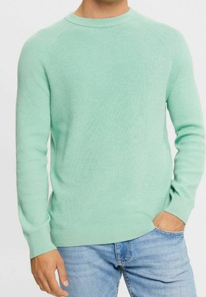 Pull léger vert menthe avec une texture côtelée, doté d'un col rond et de manches longues, associé à un jean bleu clair.