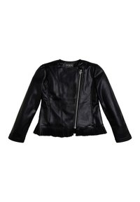 Czarna skórzana kurtka z długimi rękawami, z suwakiem z przodu i plisowanym dołem. Gładka tekstura i strukturalny design bez ozdób.